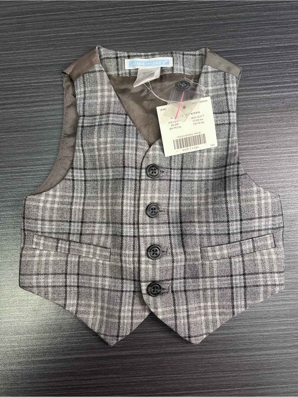 NWT Janie and Jack Gray Plaid Dress Vest 6-12 Months